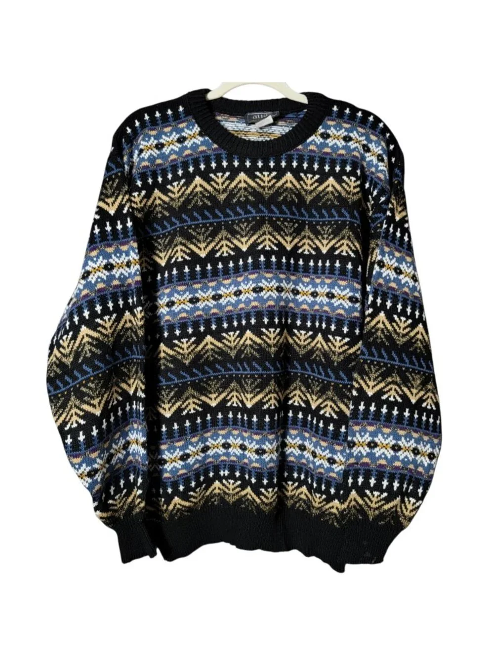 VTG Atlas Mens Blue Geometric Nordic Fair Isle Knit Crewneck Pullover Sweater XL